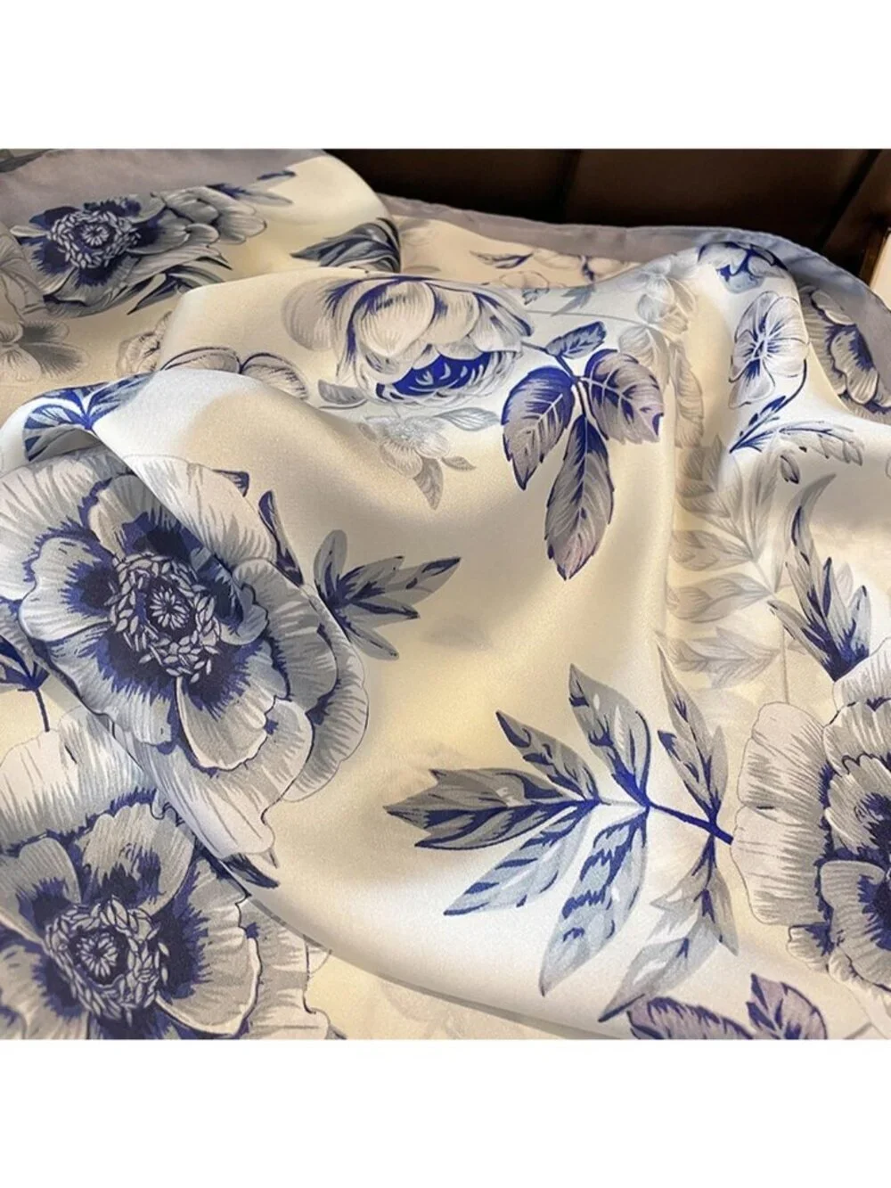 Women's Blue Lightweight Silk Like Scarves Flower Print Head Cotton Wrap Scarf